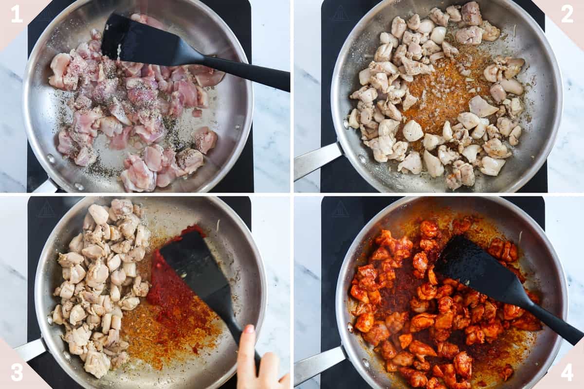 collage showing how to fry chicken with tomato puree and spices