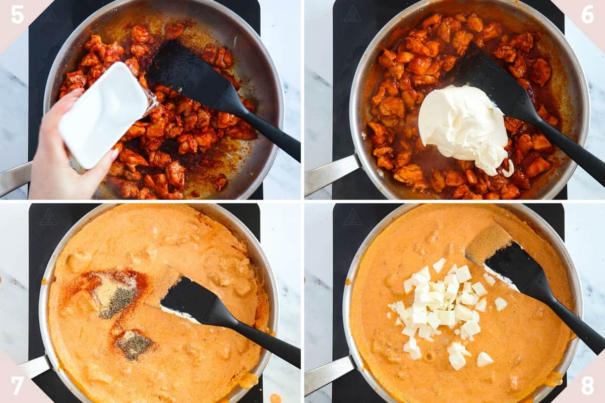collage showing how to mix in crème fraîche, spices and Feta cheese