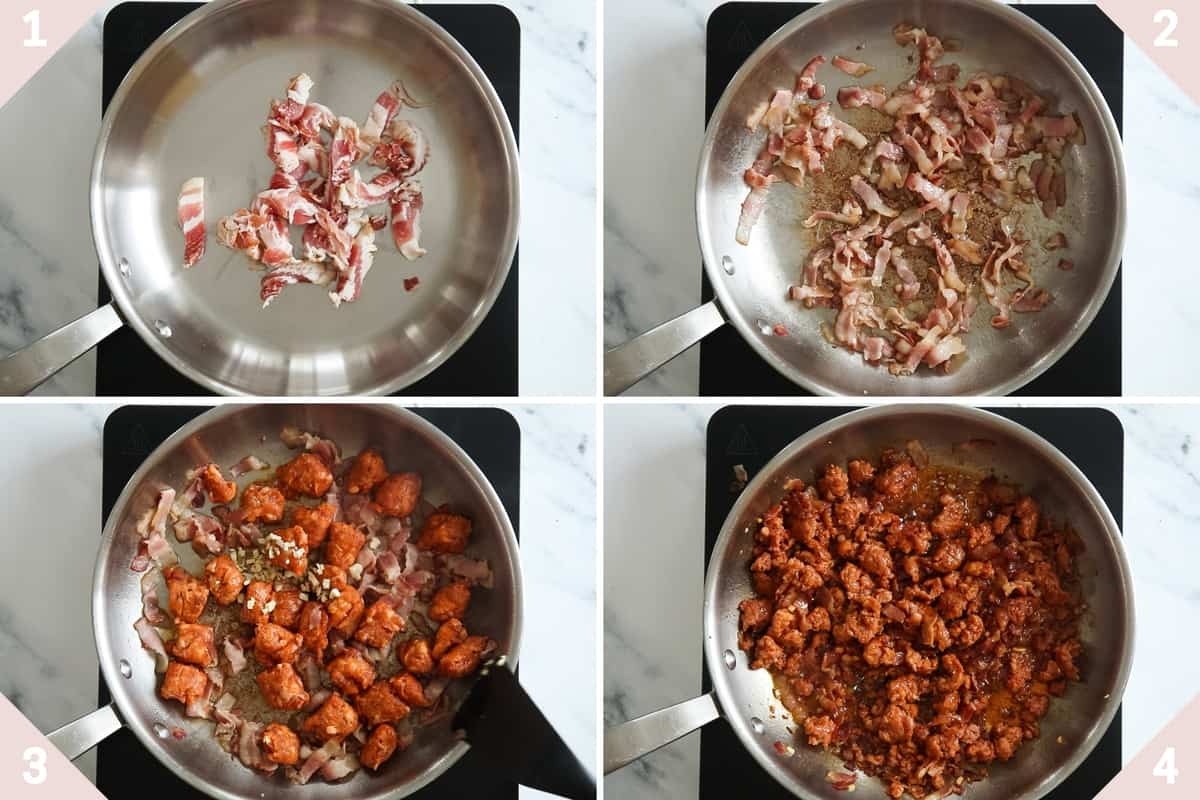 collage showing how to fry bacon and sausage with garlic