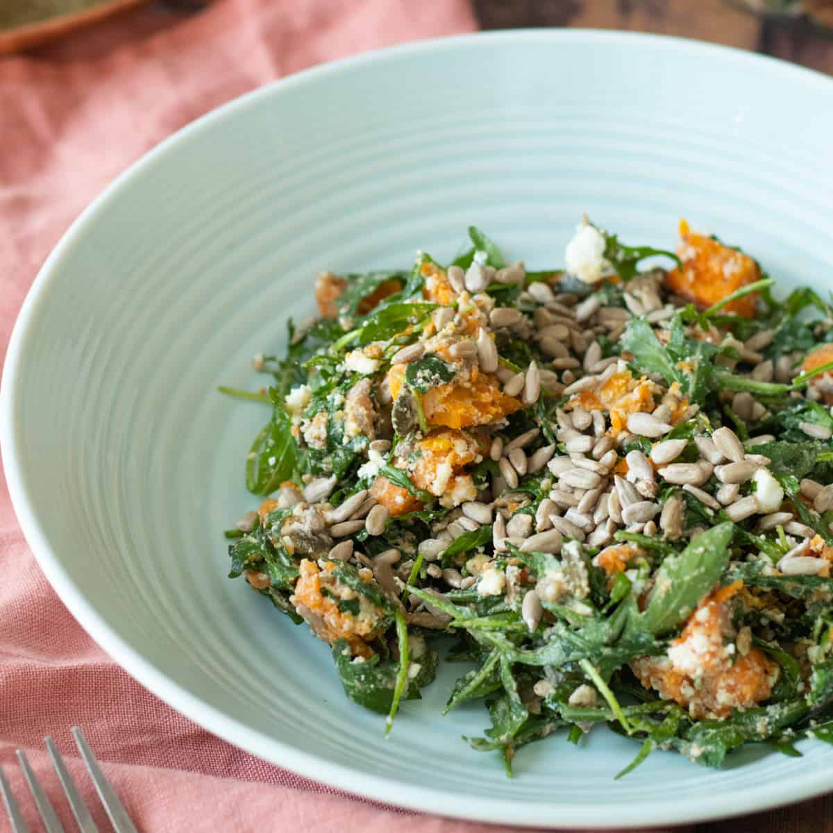 sweet potato feta salad in a blue bowl