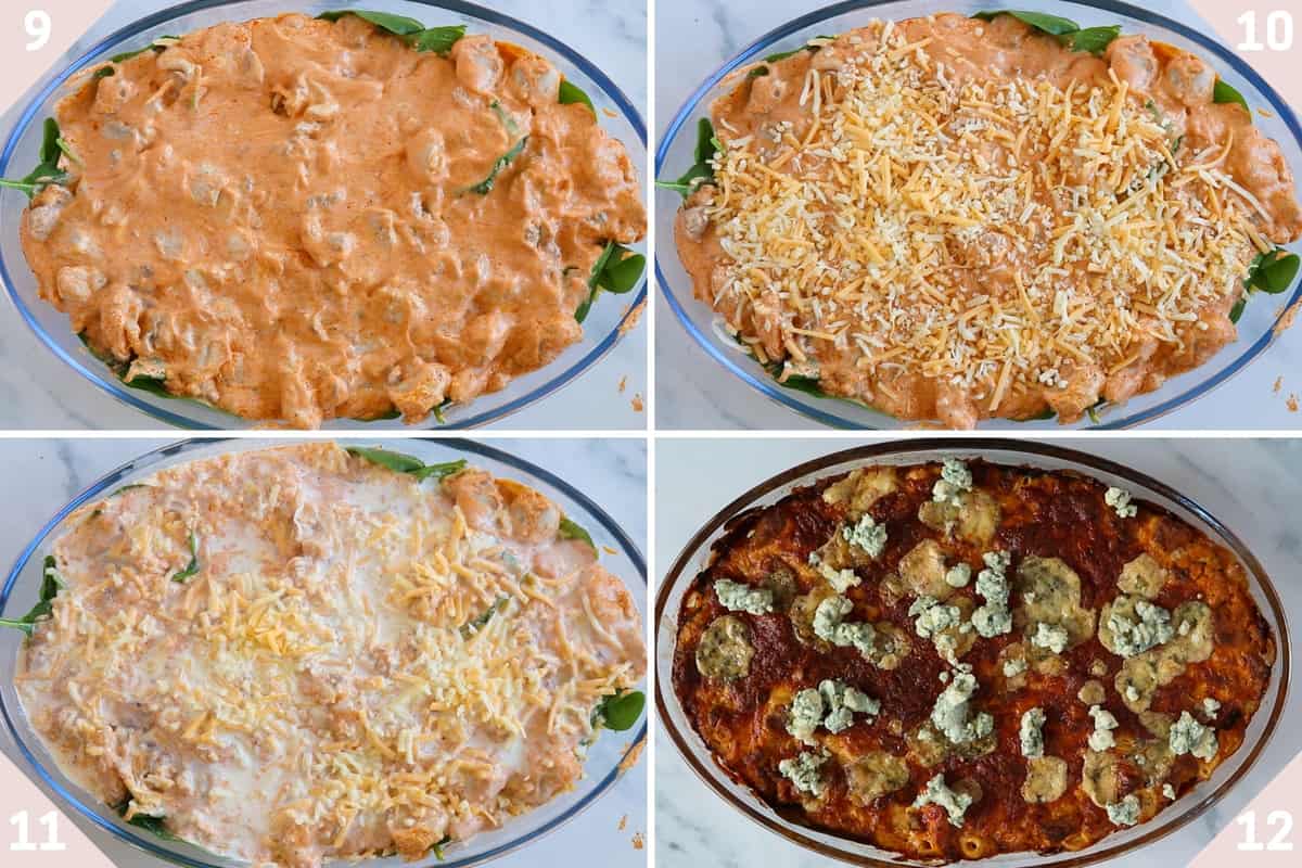 collage showing how to make a buffalo chicken pasta bake