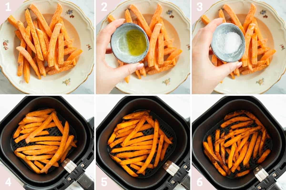 collage showing how to cook frozen sweet potatoes in the air fryer.