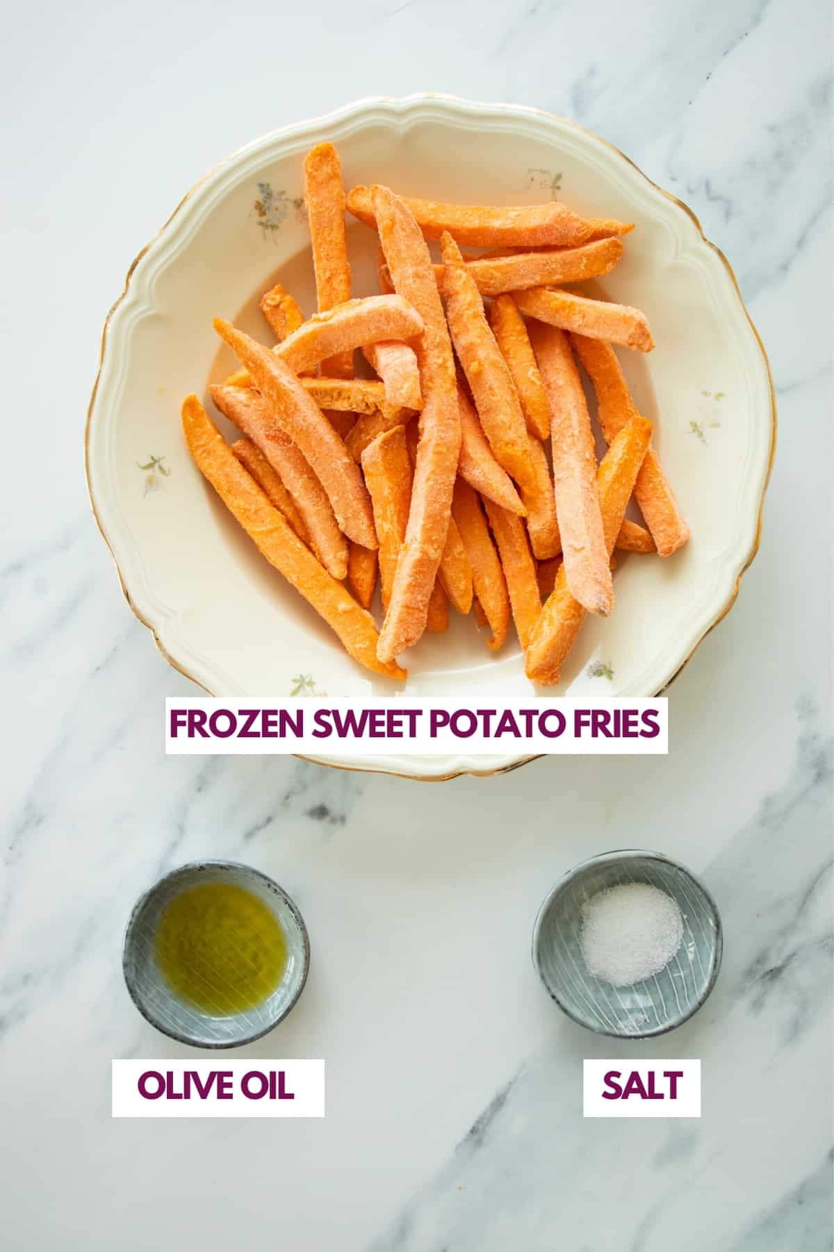 ingredients for making frozen sweet potatoes in the air fryer.