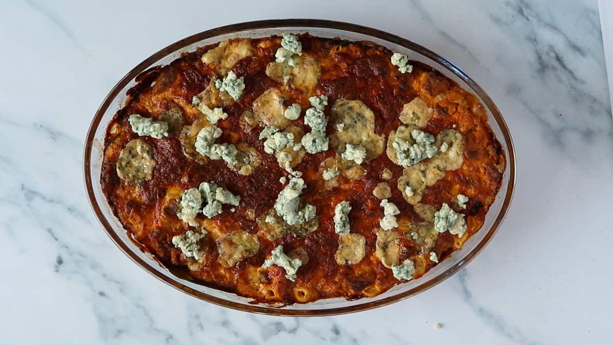 Buffalo chicken pasta bake after baking.