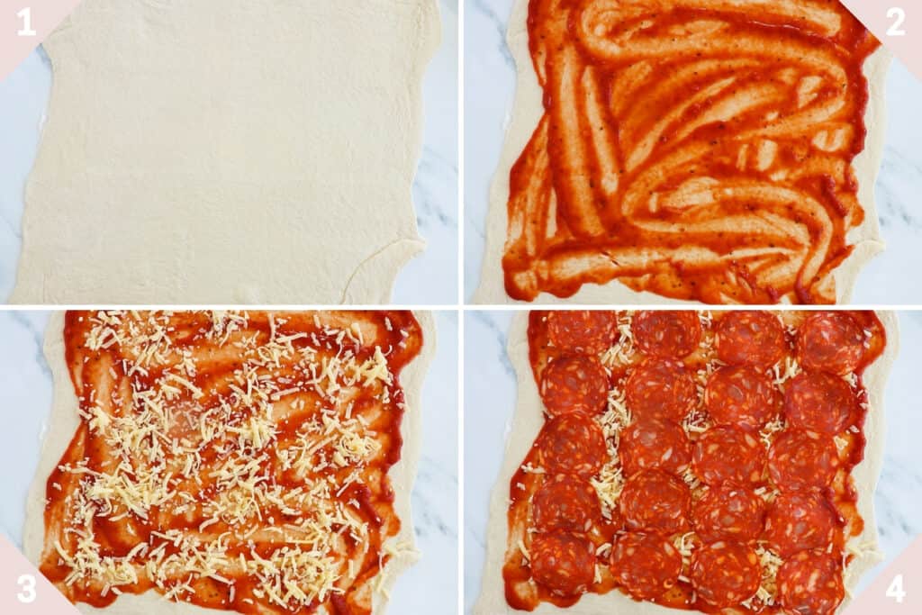 collage showing how to make pizza rolls