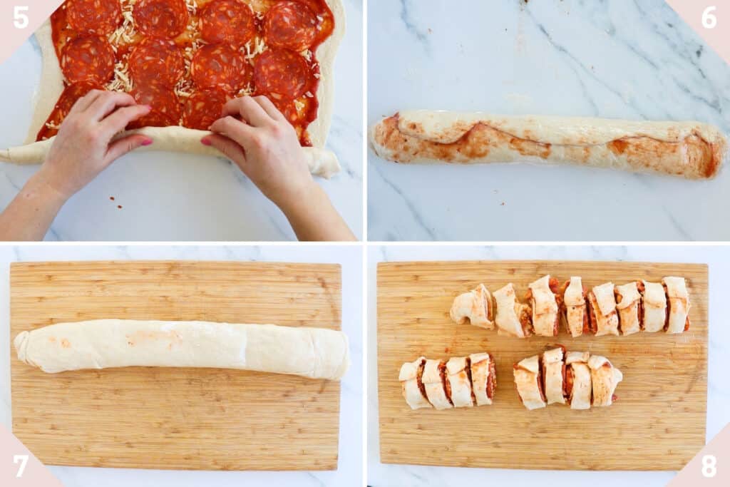 collage showing how to roll up and cut pizza rolls