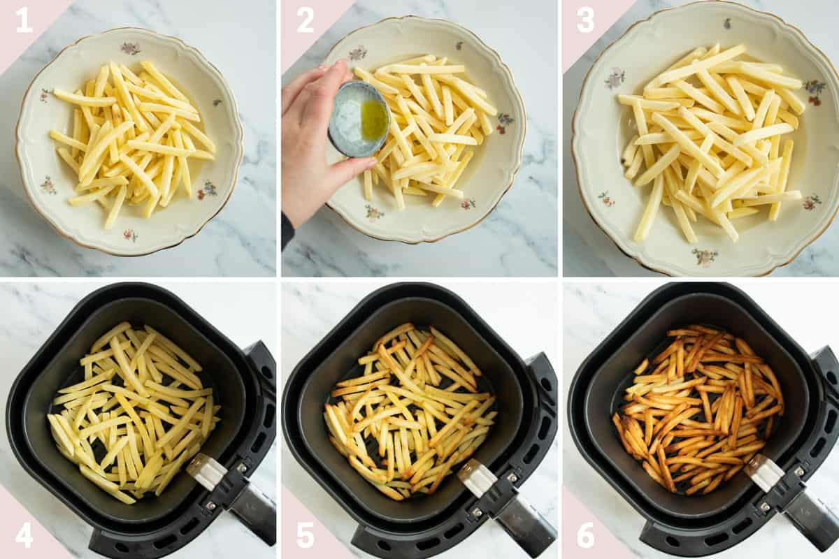 collage showing how to cook frozen french fries in air fryer.