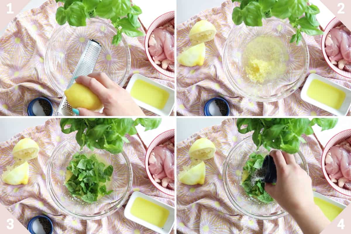 collage showing how to make lemon chicken marinade.