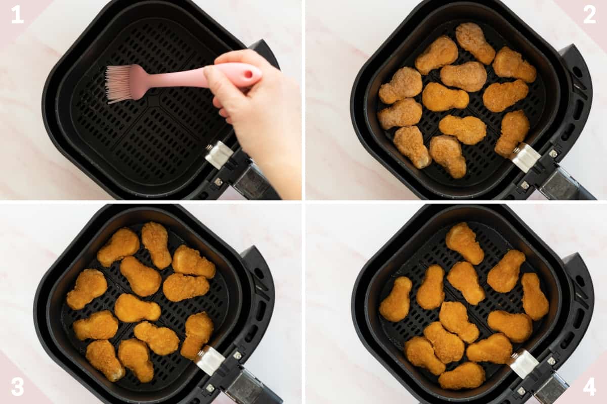 Collage showing how to cook air fryer chicken nuggets.