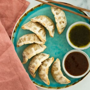 dumplings on a blue plate.