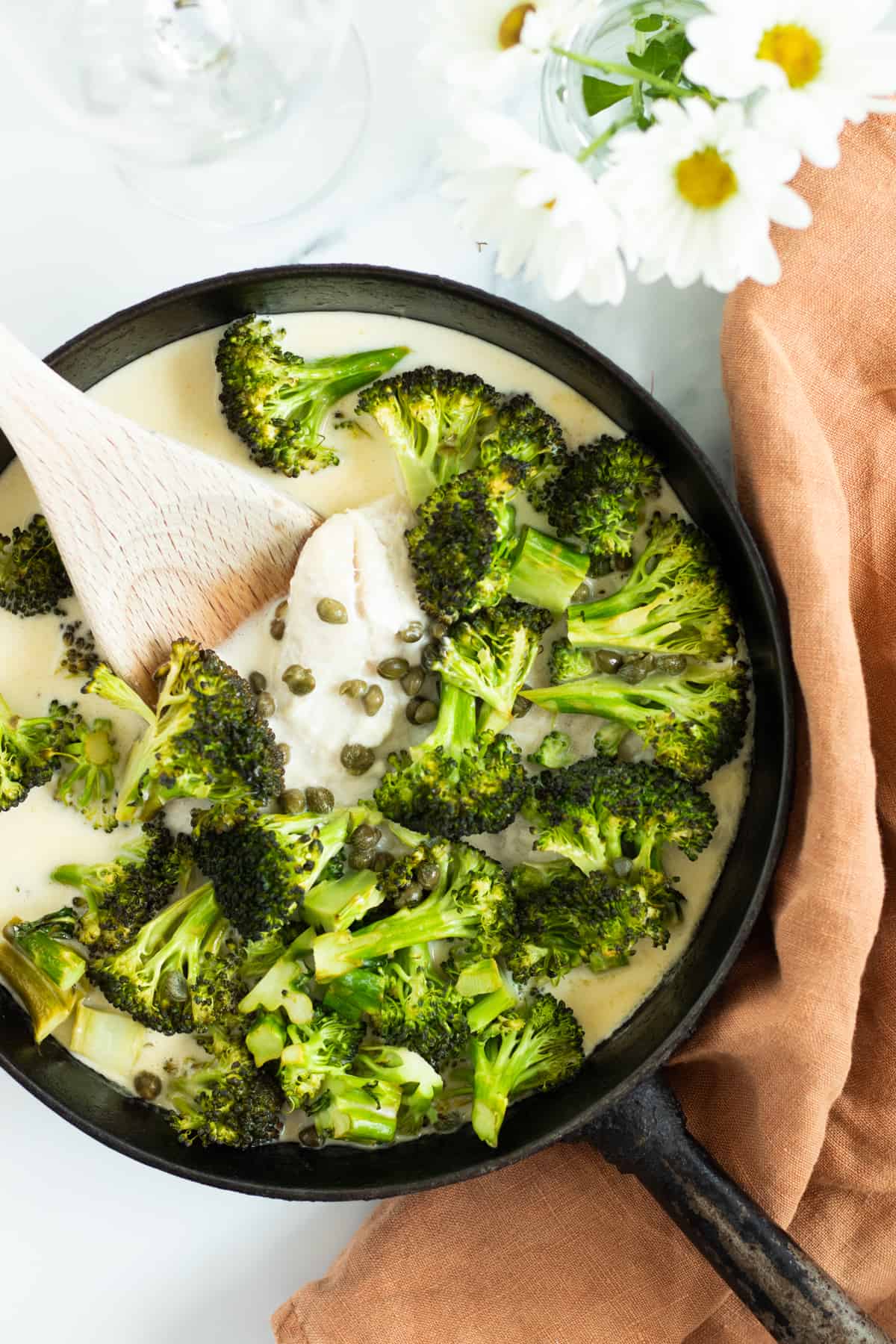 fish & broccoli in lemon butter caper sauce.