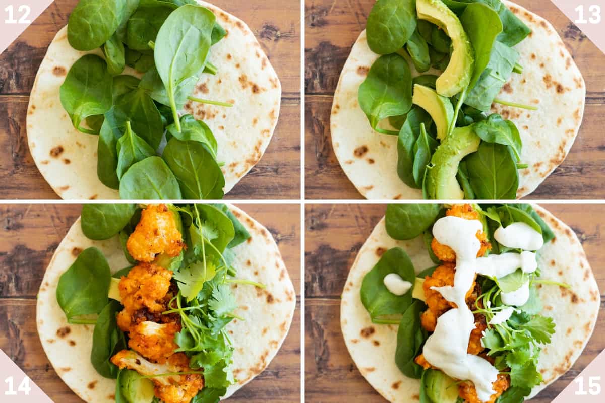 collage showing how to make buffalo cauliflower tacos.