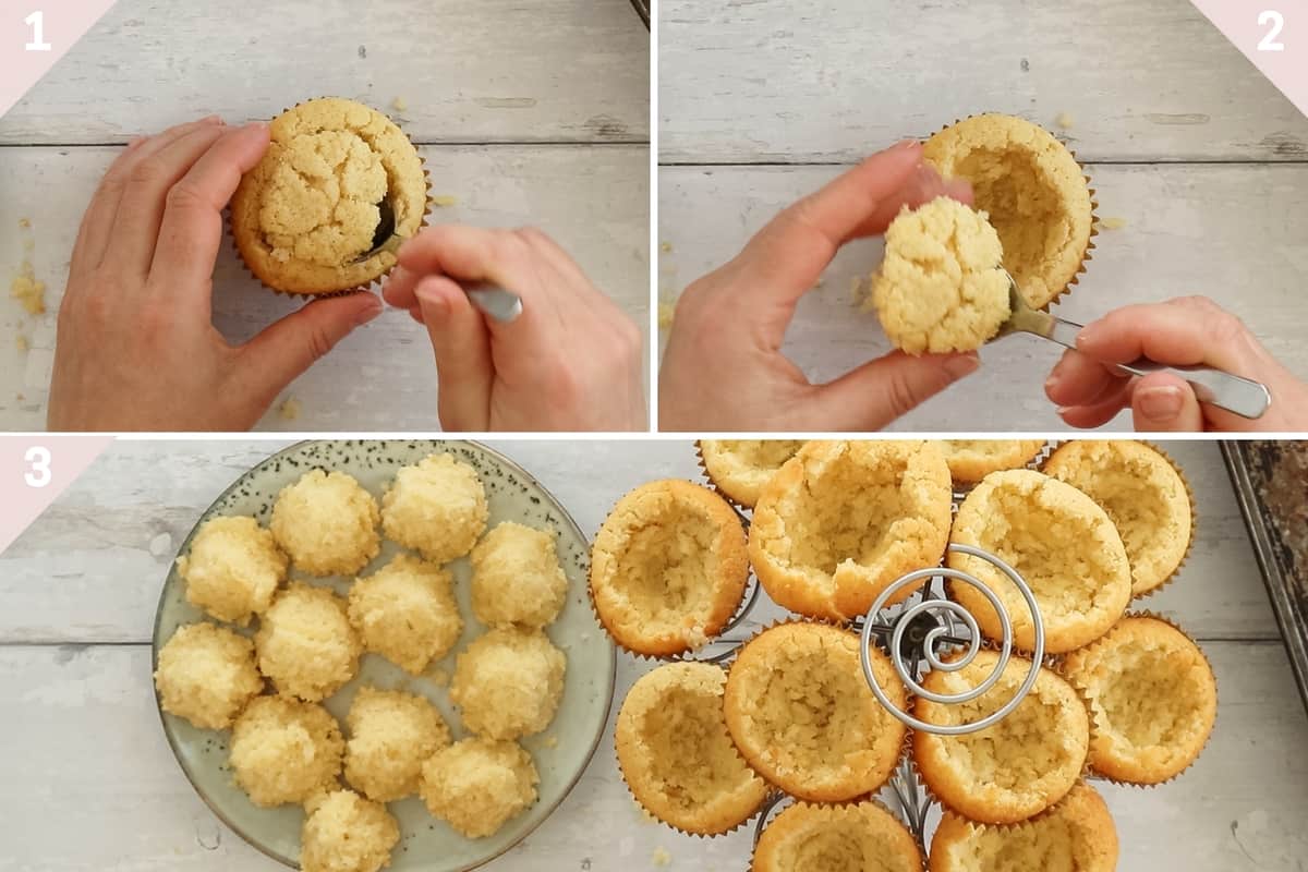 collage showing how to make strawberry filled cupcakes