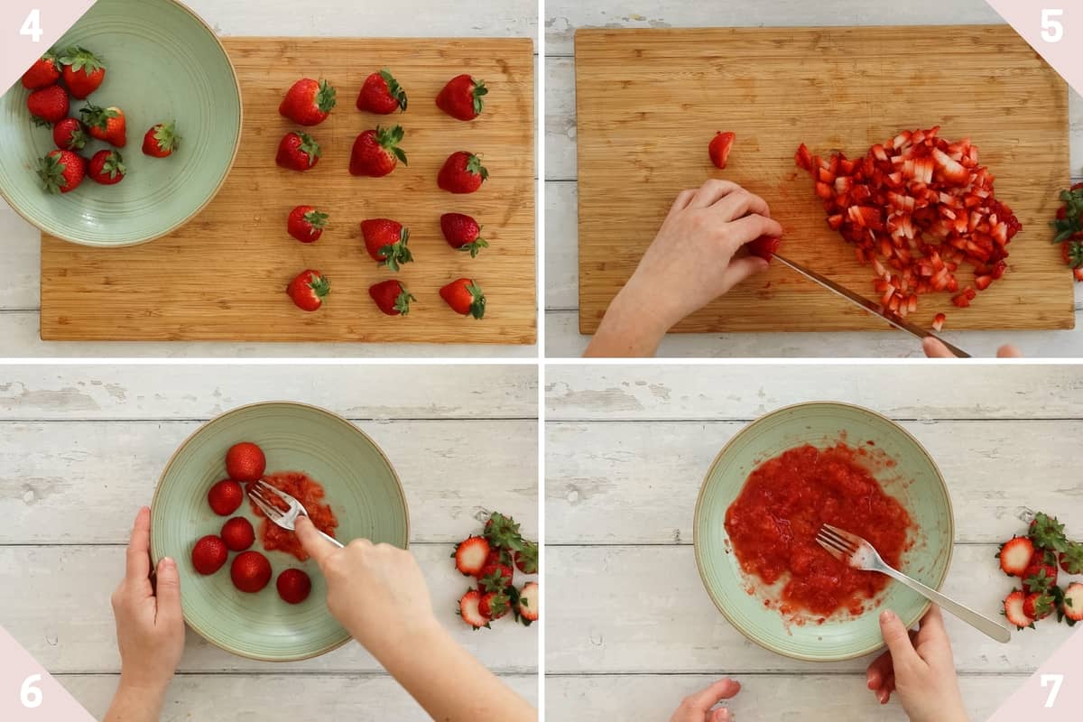 collage showing how to prepare strawberries for making strawberry filled cupcakes.