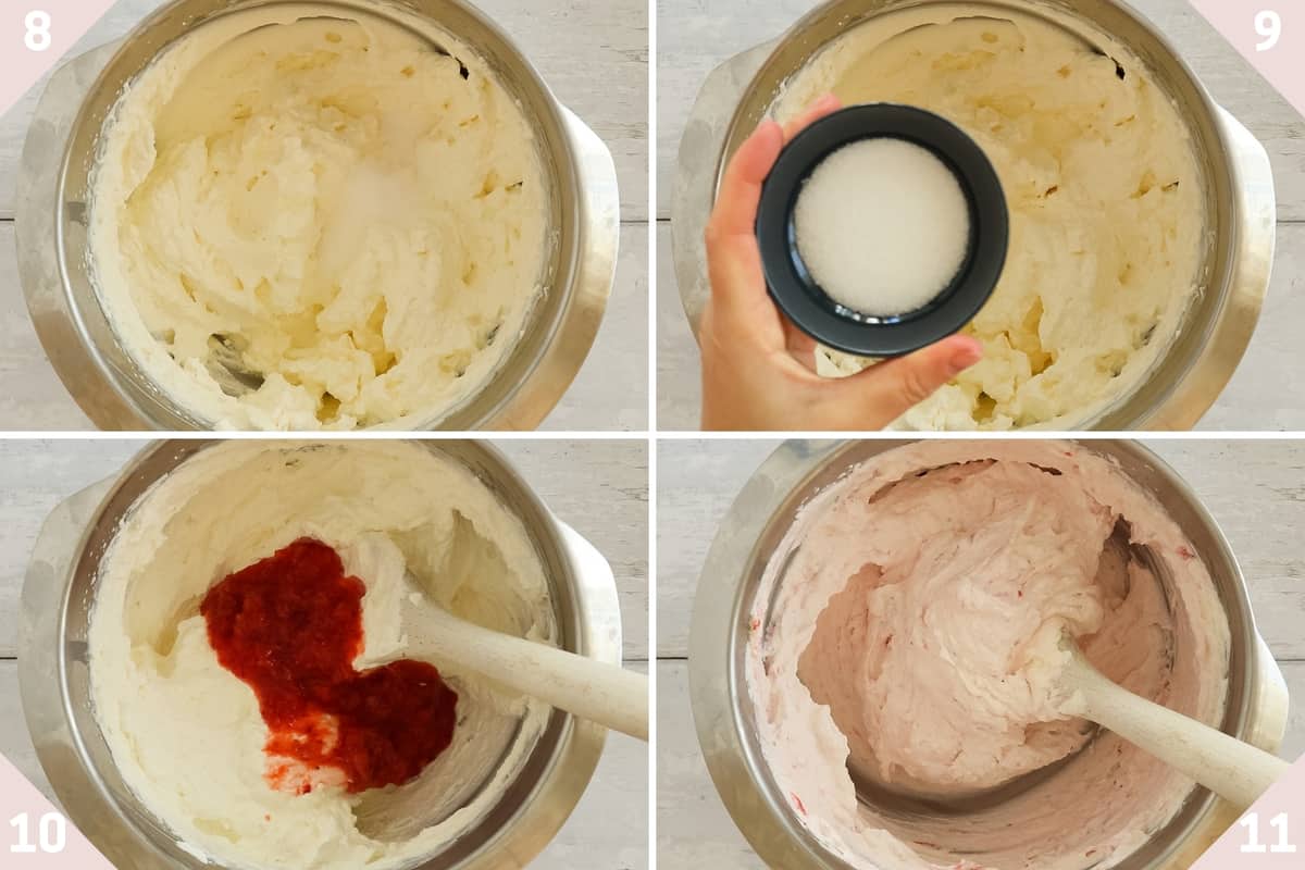 collage showing how to make strawberry whipped cream.