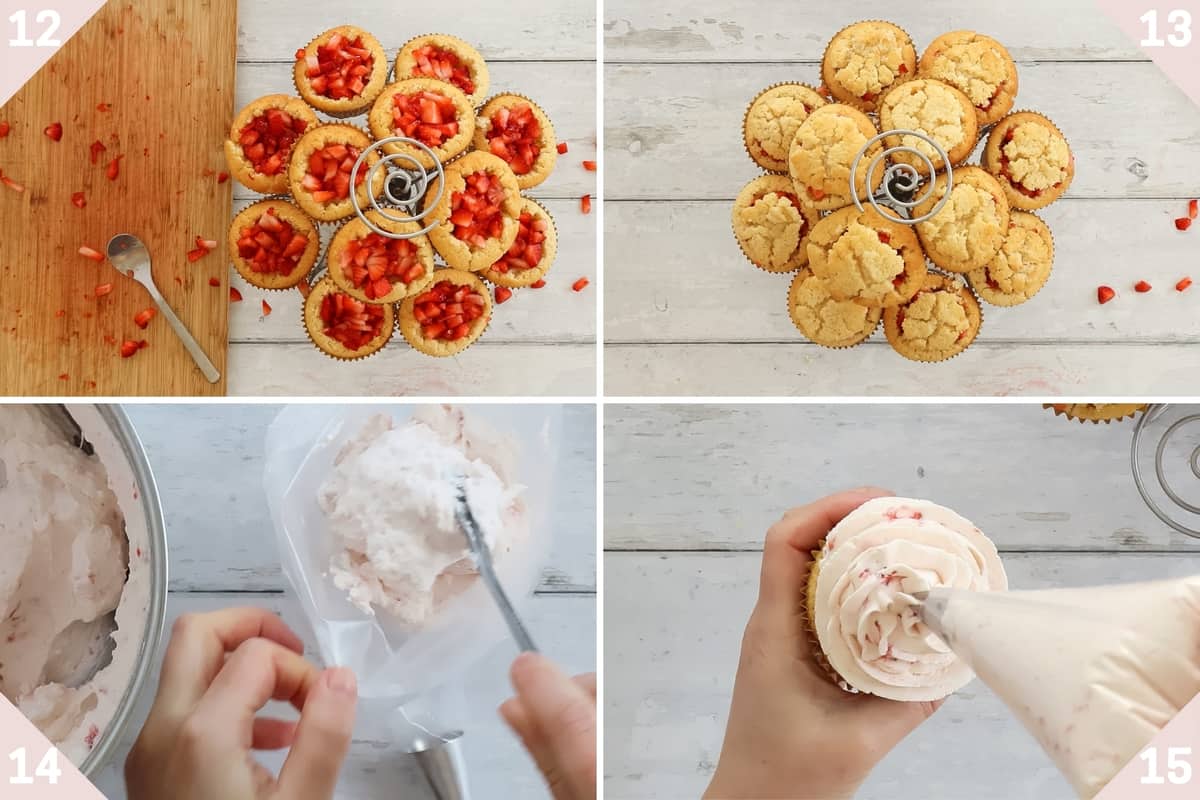 collage showing how to make strawberry filled cupcakes.