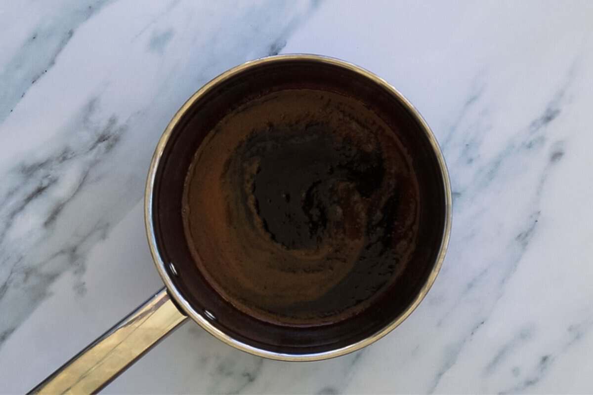 Finished 3 ingredient teriyaki sauce in a sauce pan after simmering.