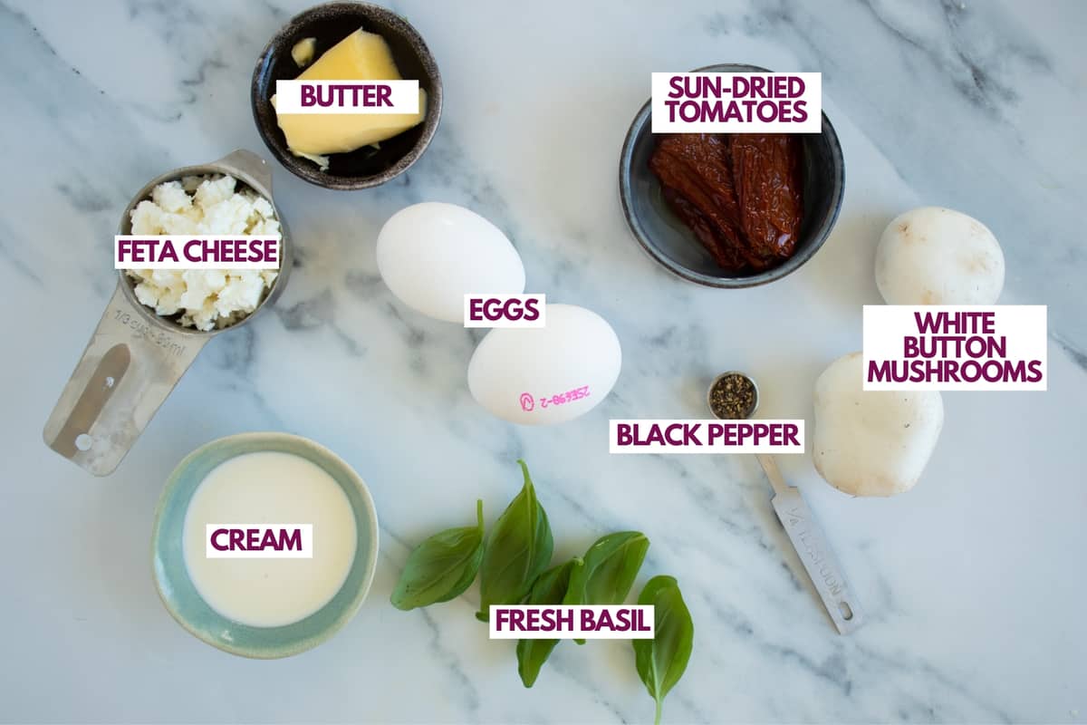 ingredients for a stovetop frittata with feta cheese, sun-dried tomatoes & mushrooms