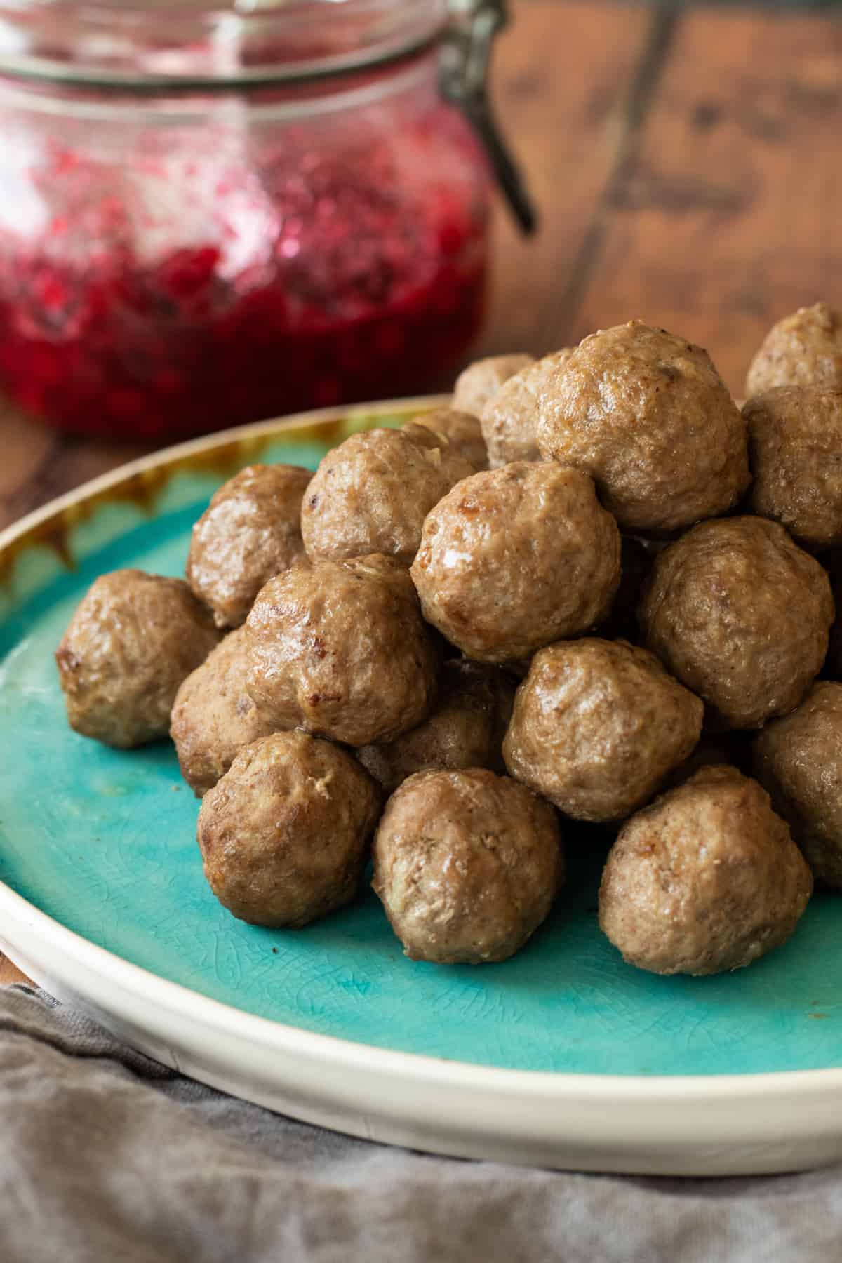 air fryer meatballs on a blue plate