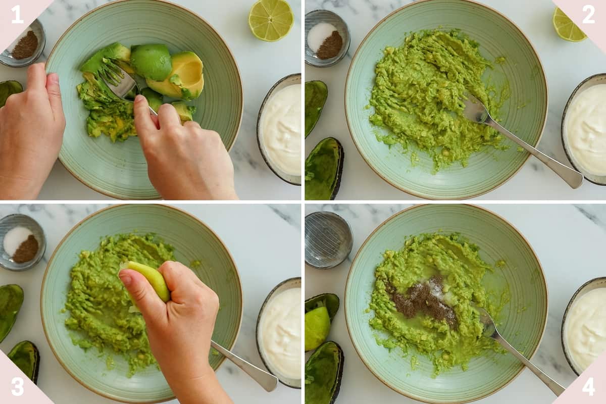 collage showing how to make sour cream sauce with avocado and lime