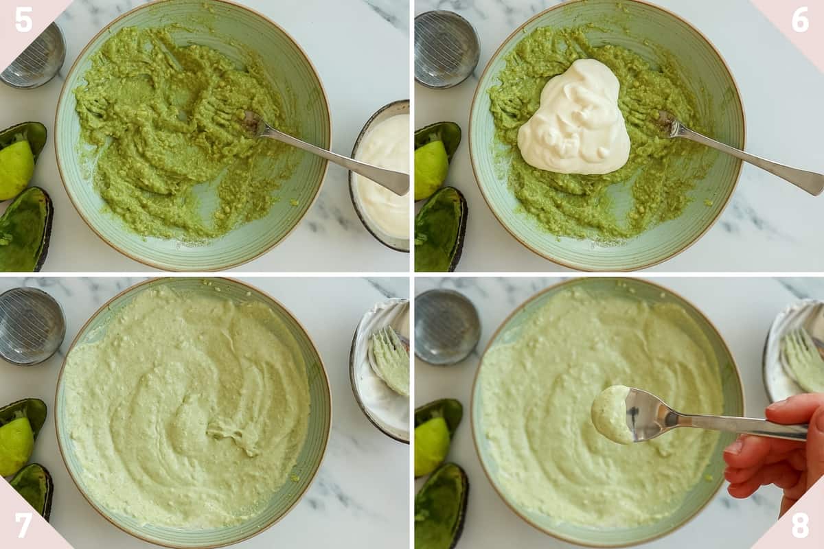 collage showing how to make sour cream sauce with avocado and lime
