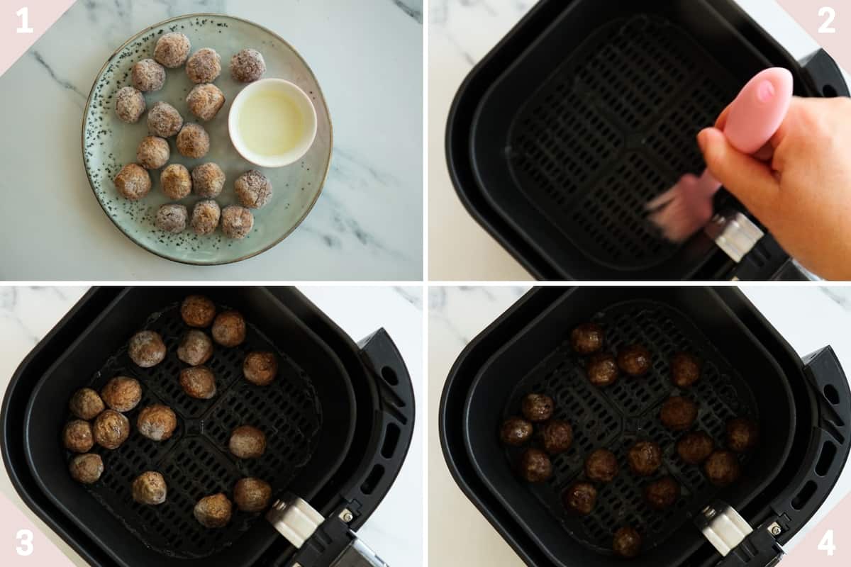 collage showing how to make frozen meatballs in air fryer