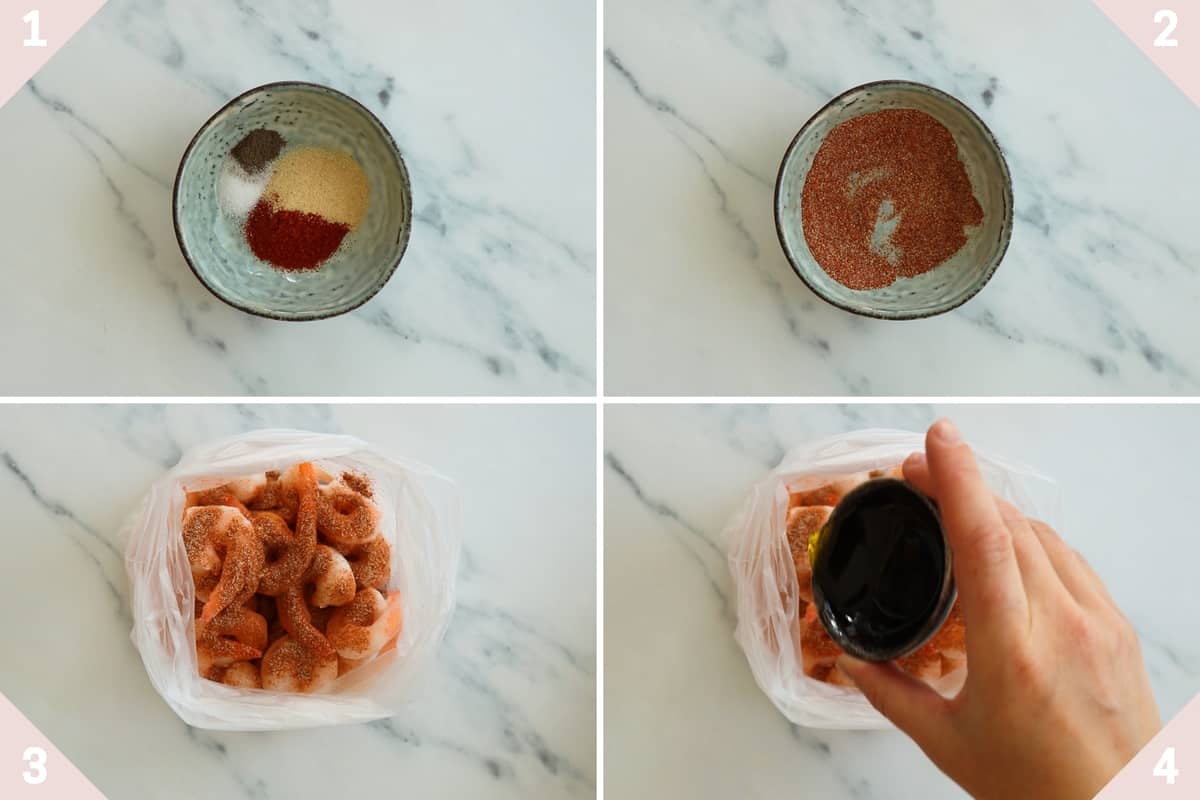 collage showing how to make air fryer frozen shrimp