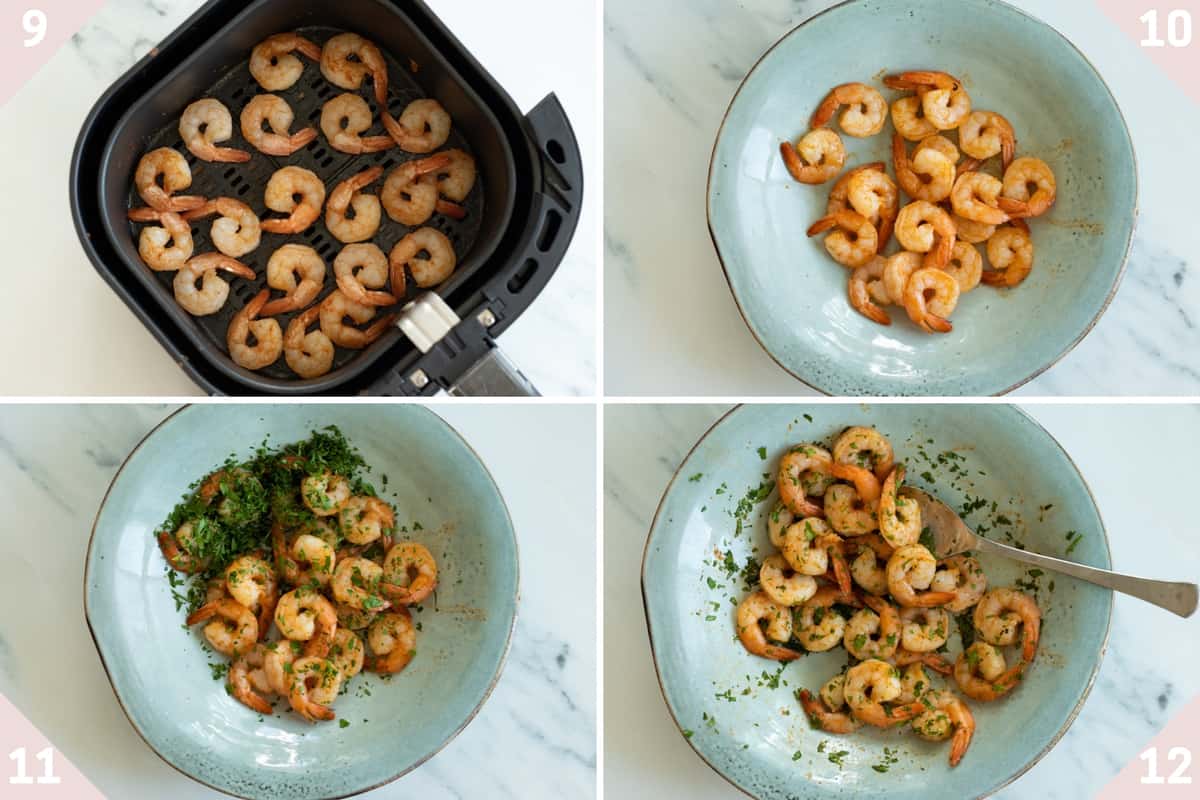 collage showing how to make air fryer frozen shrimp.