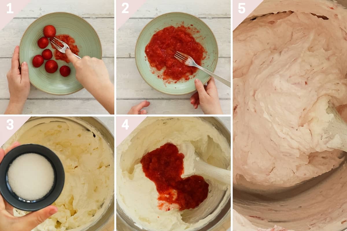 collage showing how to make strawberry whipped cream.