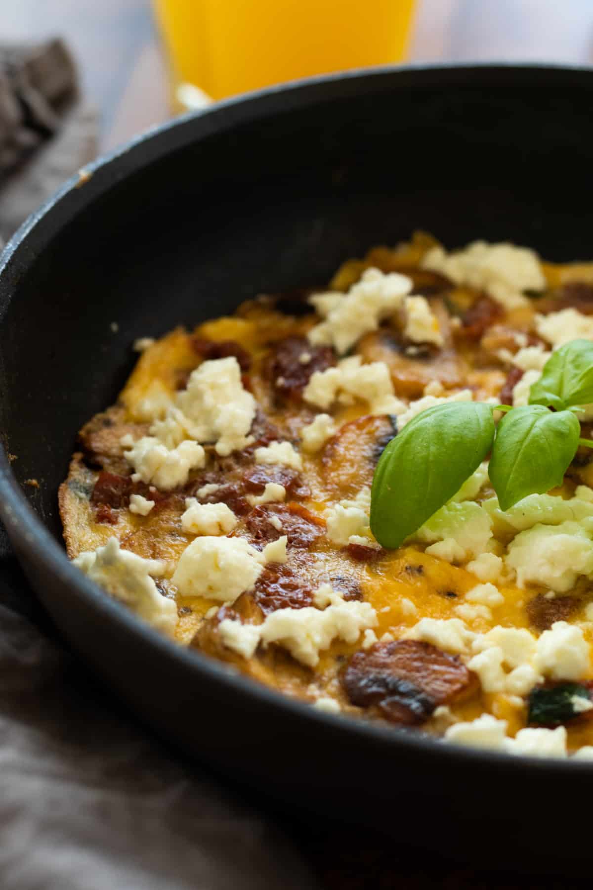 close up of a frittata in a pan