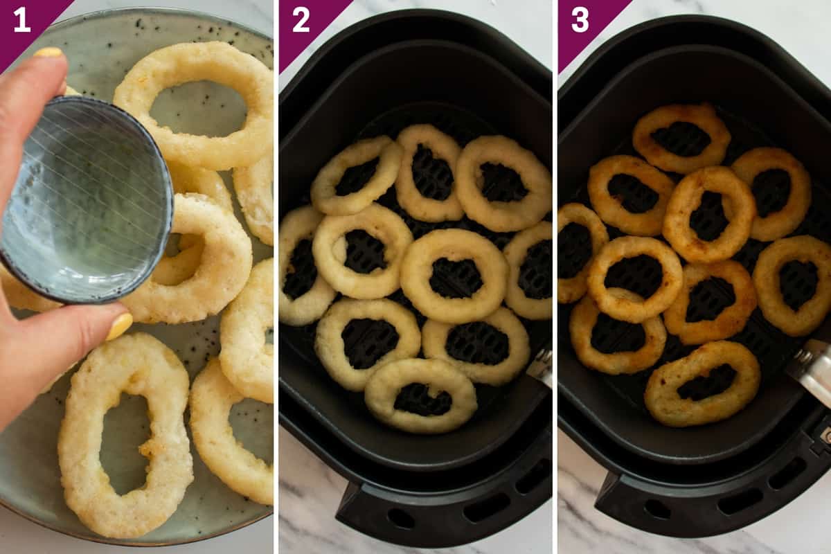collage showing how to make air fryer frozen onion rings.