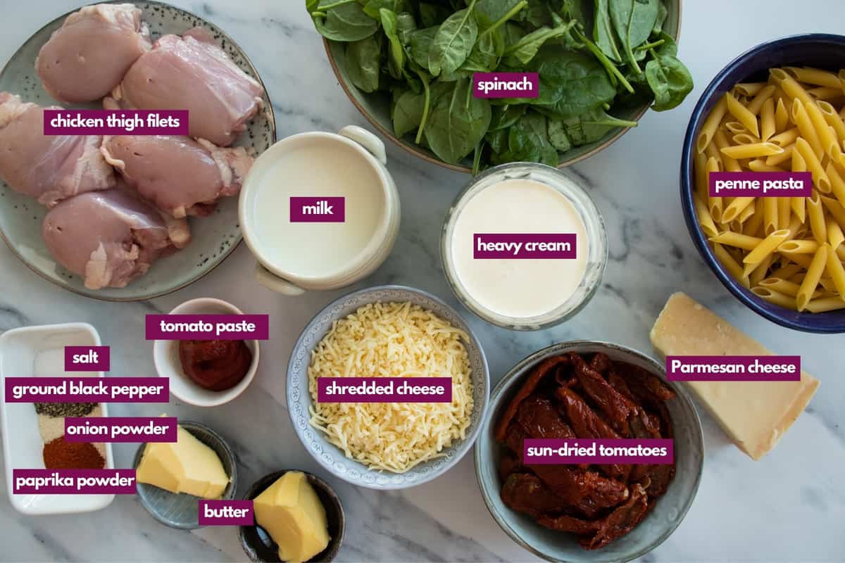ingredients needed for dump-and-bake chicken spinach pasta