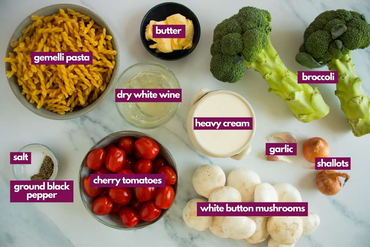 ingredients for creamy broccoli pasta.