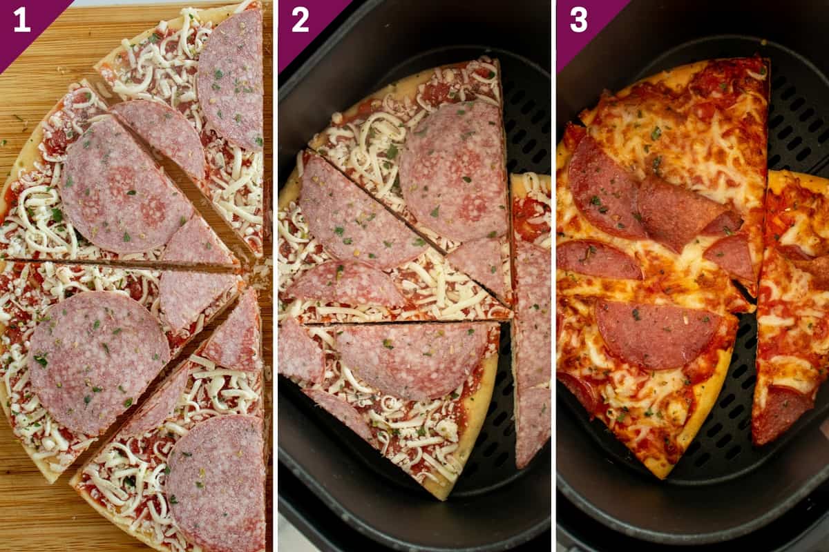 collage showing how to make air fryer frozen pizza.