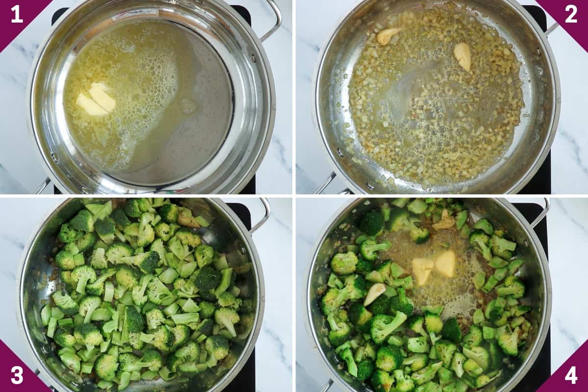 collage showing how to make creamy broccoli pasta