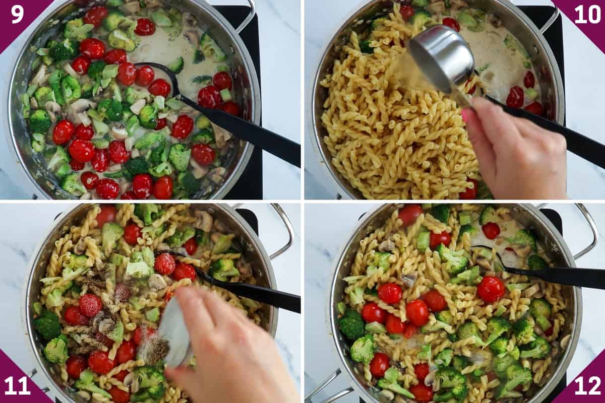 collage showing how to make creamy broccoli pasta.
