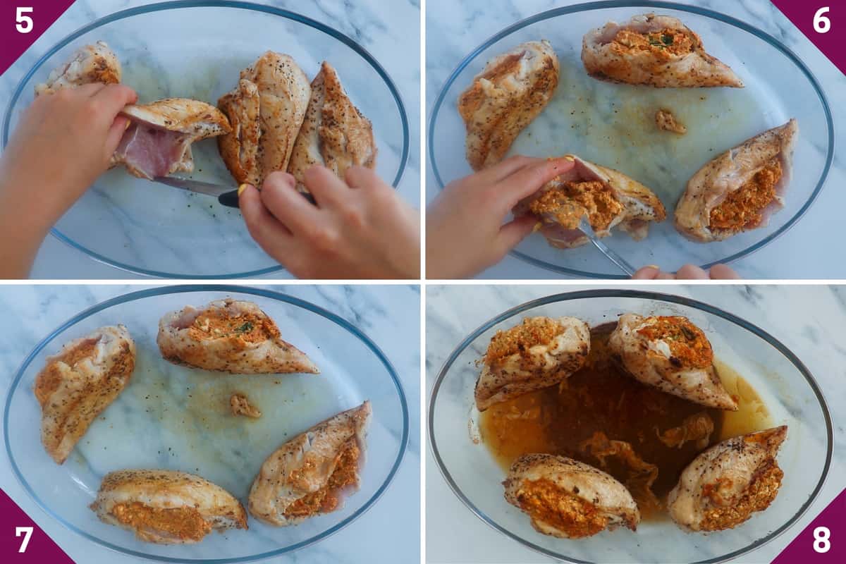 collage showing how to make feta stuffed chicken
