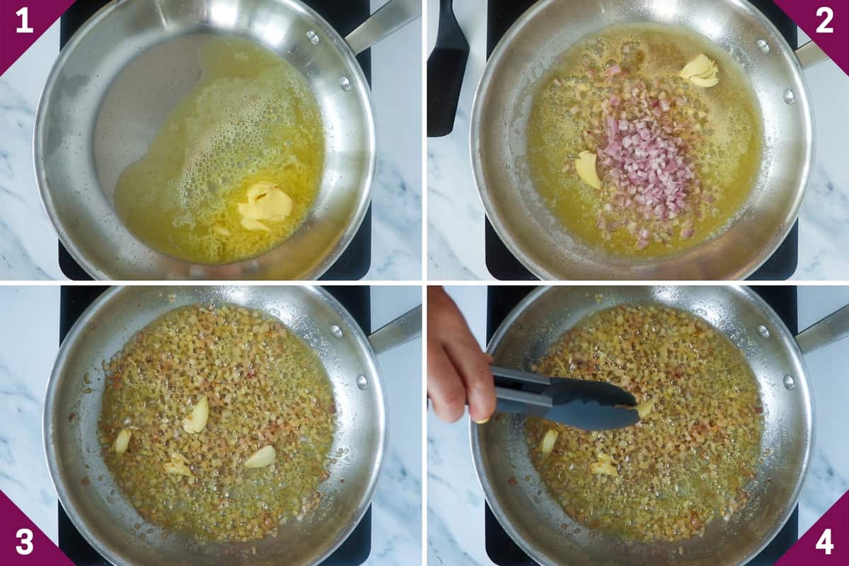 collage showing how to make mushroom truffle risotto