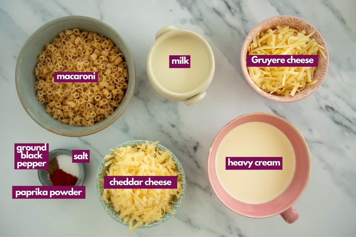 ingredients for a simple mac and cheese without flour