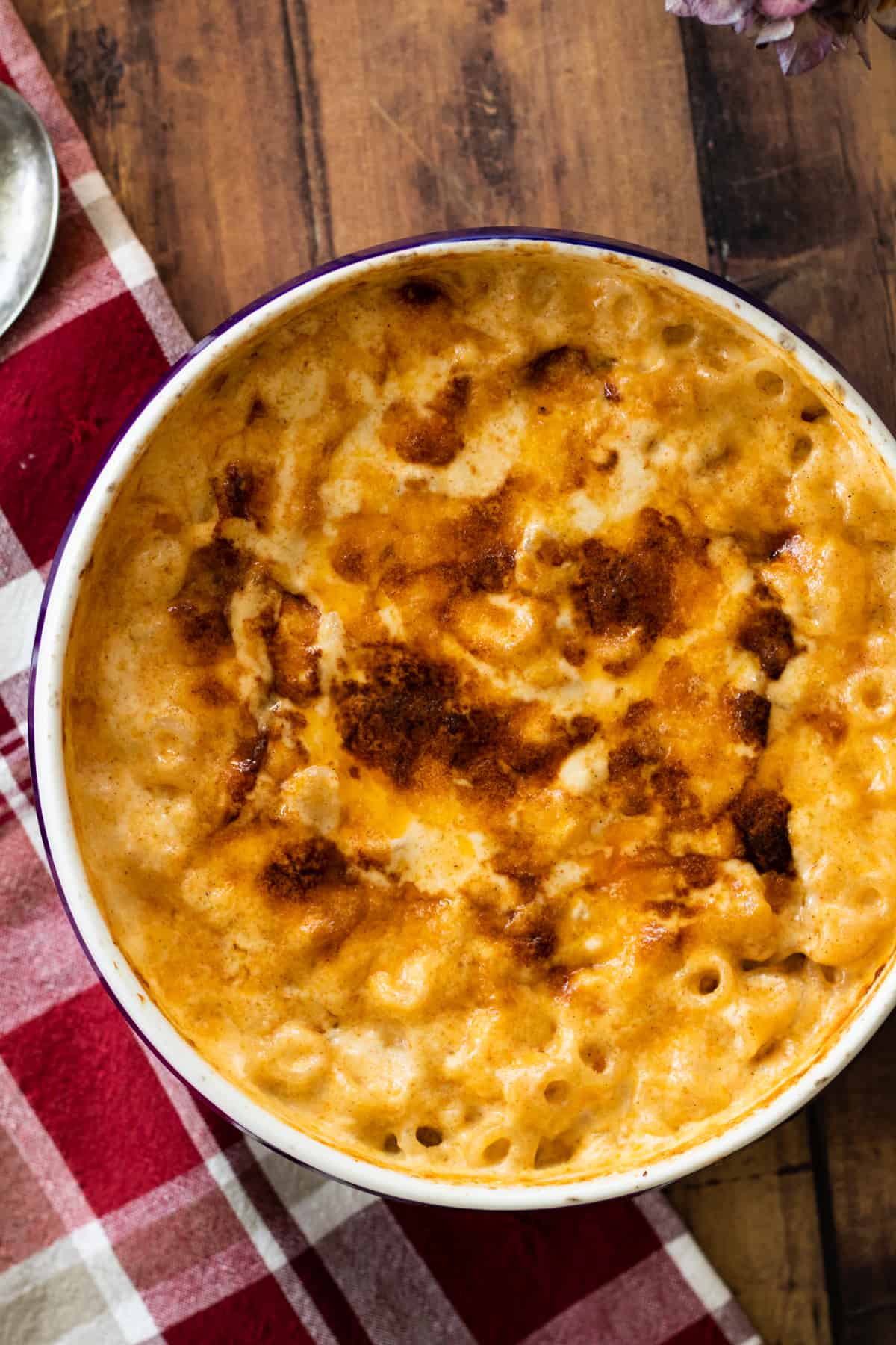 simple mac and cheese without flour in an oven dish.