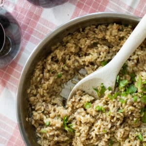 mushroom truffle risotto in a skillet