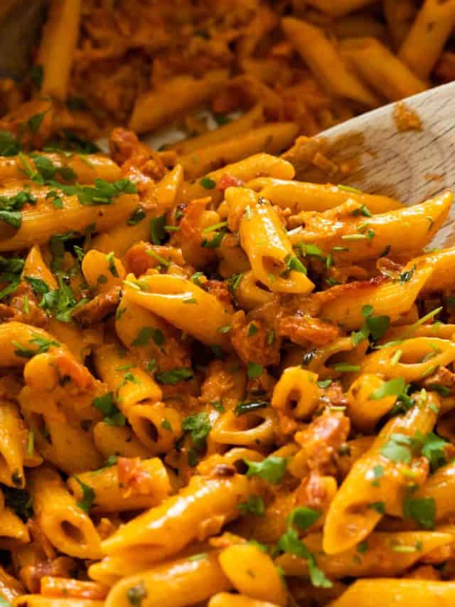 close up of pasta with pink sauce