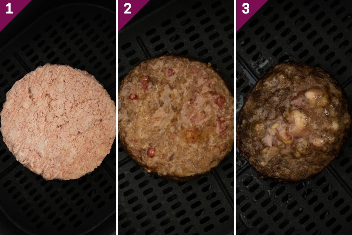 collage showing how to air fry frozen burgers.