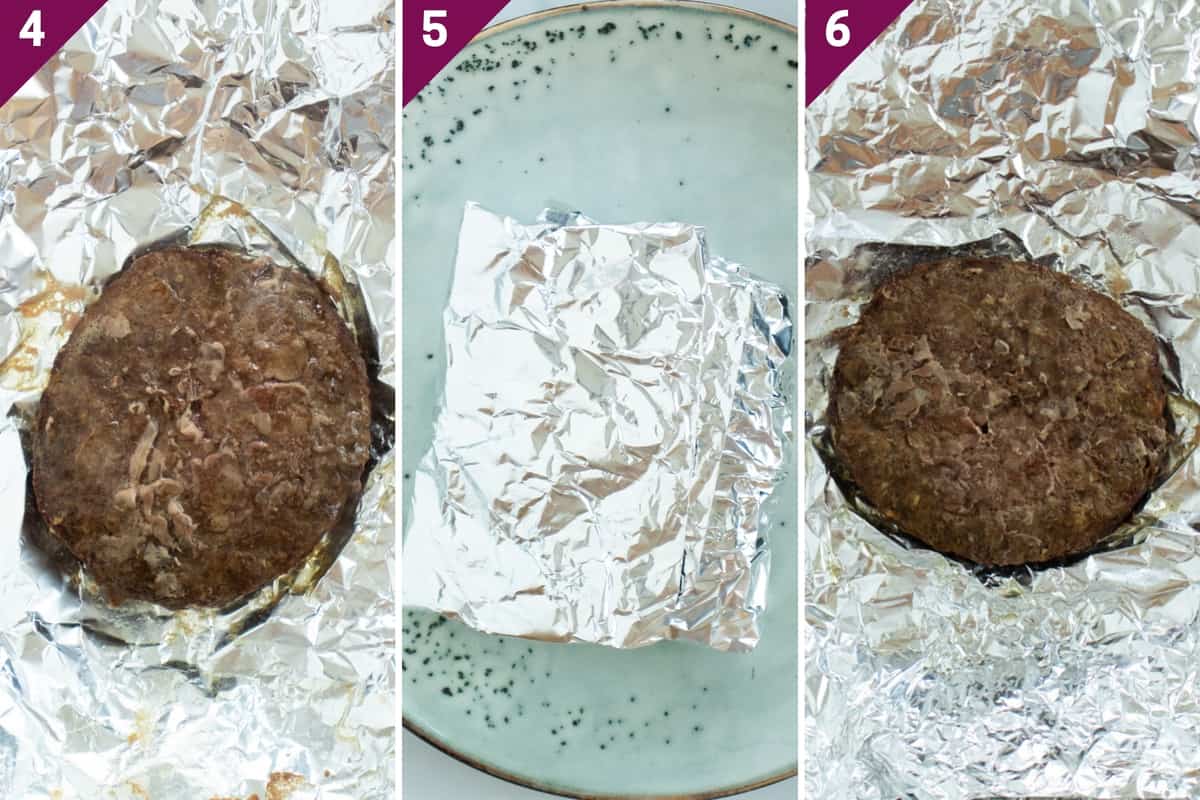 collage showing how to air fry frozen burgers.