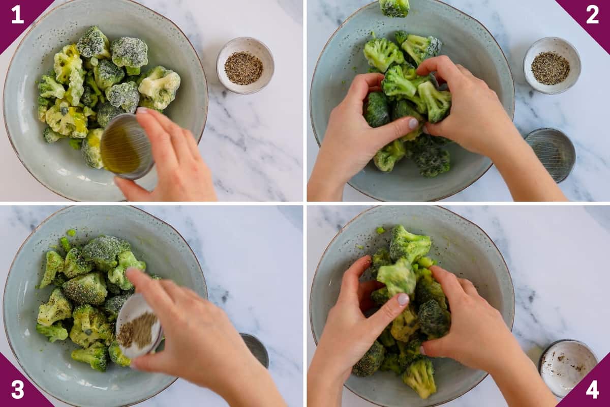 collage showing how to make air fryer frozen broccoli.