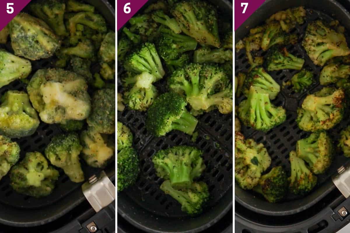 collage showing how to make air fryer frozen broccoli.