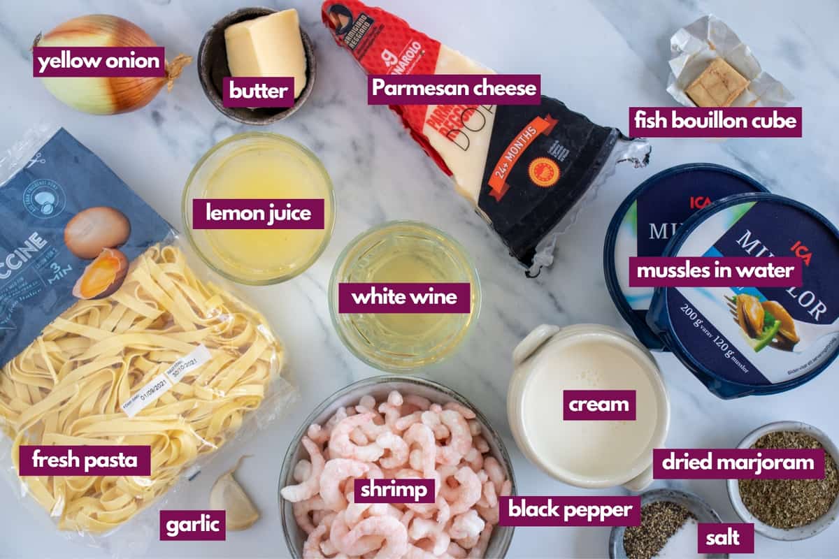 ingredients for seafood pasta bake