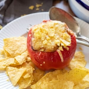 stuffed bell pepper without rice with a side of tortilla chips.