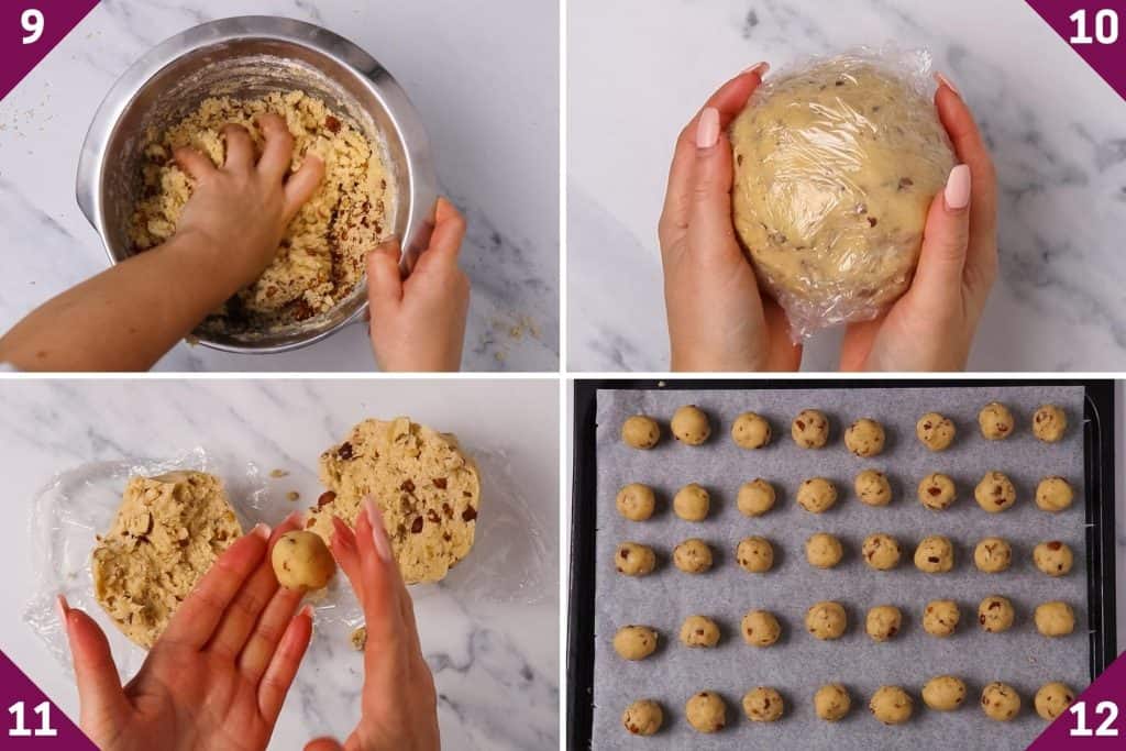 collage showing how to make butterball cookies.