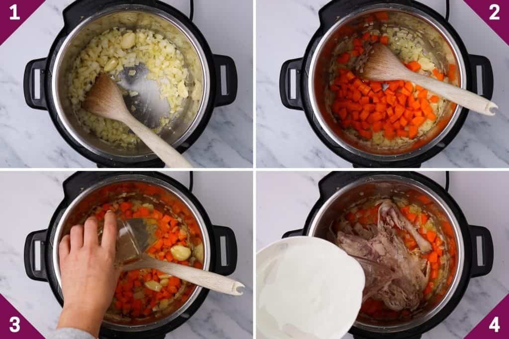 collage showing how to make instant pot turkey soup with leftover turkey.